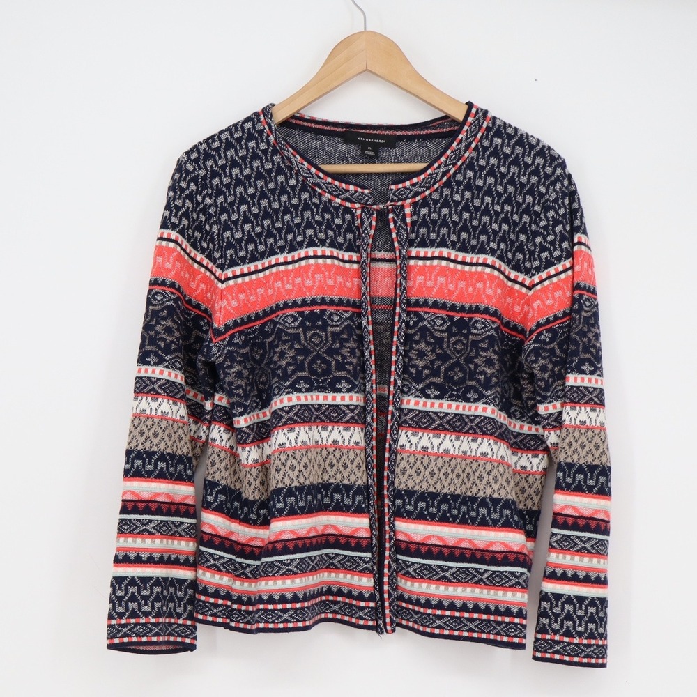 Atmosphere Womens XL Fair Isle Open Front Cardigan Navy Coral Geometric Knit